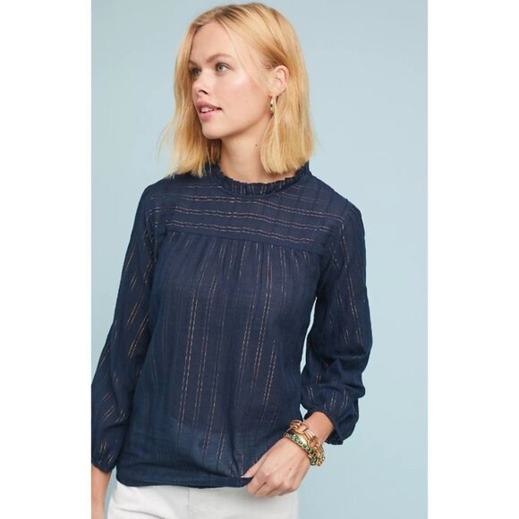 Anthropologie Maeve Reston Blouse Navy Blue w Copper  Vertical Stripes size XS - Picture 11 of 16